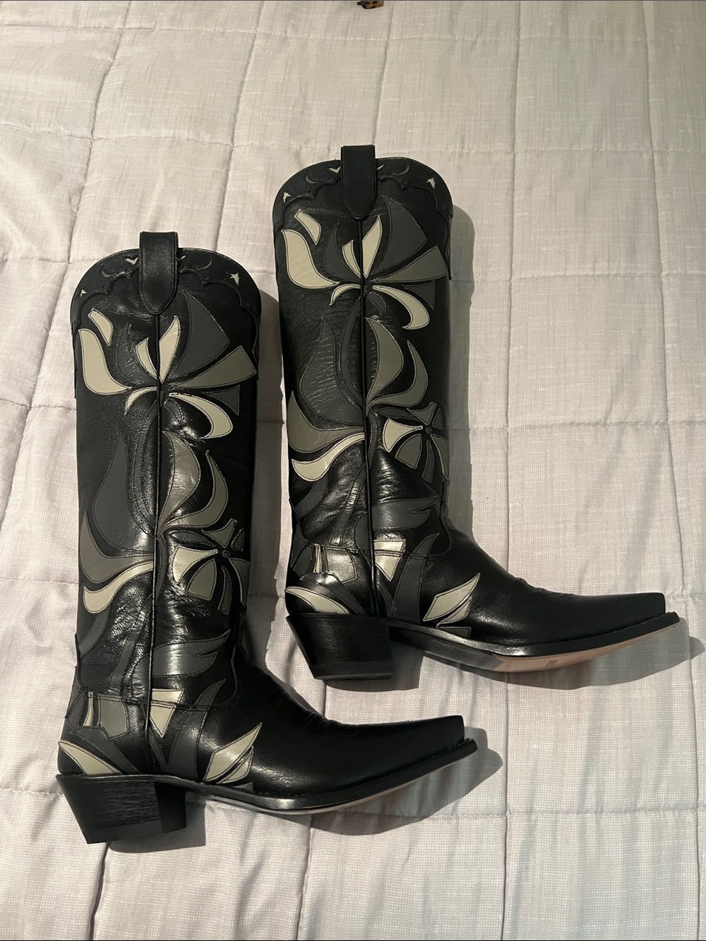 Black Knee-High Western Boots with Grey Inlay